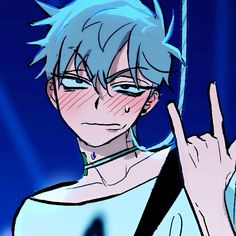 an anime character with blue hair making the peace sign and holding his hand up in front of him