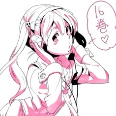 a drawing of a girl with headphones in her ears and holding a microphone to her ear