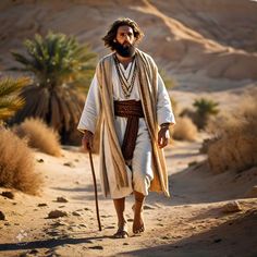 a man with a beard and long white robe walking in the desert wearing a cross