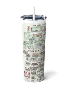 a white travel mug with a map on it