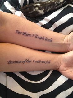 two people with matching tattoos on their arms that say, for them i'll ask it all