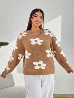 Plus Floral Pattern Drop Shoulder Sweater Multicolor Casual  Long Sleeve Knitwear Floral Pullovers Slight Stretch  Women Plus Clothing, size features are:Bust: ,Length: ,Sleeve Length: Plus Size Pullover, Floral Pullover, Drop Shoulder Sweater, Drop Shoulder Sweaters, Plus Size Sweaters, Shoulder Sweater, Graphic Tees Women, Polka Dot Dress, Dot Dress