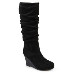 Show off stylish design in slouchy wedge boots by Journee Collection. These mid-calf boots are made with soft faux suede uppers with slouchy detail and an inside zipper. Stacked wedge heels provide attractive lift and round toes finish the style. At Journee Collection our boot styles will have your outfit looking even better than before. They will give you that finishing touch that will have your outfit looking straight out of a magazine. Tall Suede Boots, Womens Tall Boots, Wedge Heel Boots, Wedges Style, Slouched Boots, Wide Calf, Womens Wedges, Journee Collection, Wedge Boots