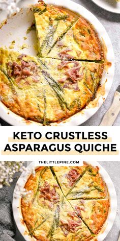 keto crustless asparagus quiche on a white plate with two slices cut out