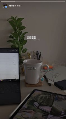 an open laptop computer sitting on top of a desk next to a potted plant