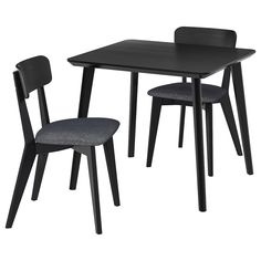 the table and chairs are black with grey upholstered seats