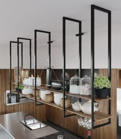 a kitchen with wooden shelves and metal appliances