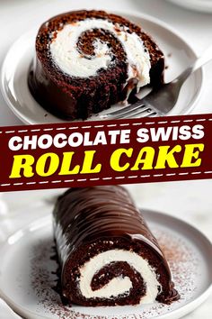 chocolate swiss roll cake on a white plate with the title overlay reads, chocolate swiss roll cake