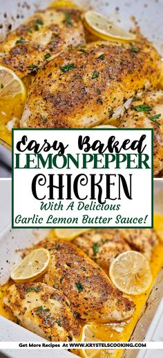 chicken with lemon butter sauce in a white casserole dish