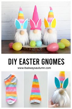 easter gnomes made out of yarn and eggs with text overlay that says diy easter gnomes