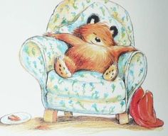 a drawing of a teddy bear sitting in a chair with its head on the pillow