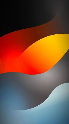 an abstract painting with orange and yellow colors in the middle of black, white, blue, grey and red