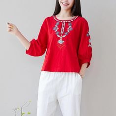 Product Information:Unit:cm1cm=0.39Inch 1Inch=2.54cmMaterial:CottonLinenLength:52cm Bust:108cm Sleeve:35cm Shoulder:36cm Waist:106cm Boho Lanterns, Bohemian Tops, Shirts Vintage, Casual Long Sleeve Shirts, Casual Summer Tops, Blouse Material, Loose Outfit, Summer Blouses, Embroidery Blouse