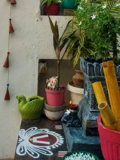 several potted plants and other decorative items on a table