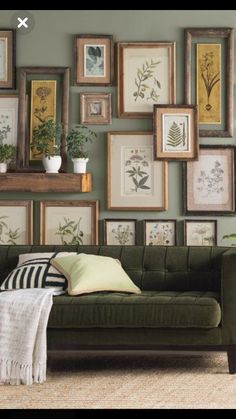 a living room filled with lots of framed pictures on the wall next to a green couch