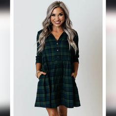 Nwt Flowy Navy And Green Plaid Tunic Dress With Pockets! Size Large. See Pics For Measurements. 100%Cotton. Check Out My Closet And Bundle With Other Items To Save On Shipping! Smoke/Pet Free Home. Casual Plaid Dress With Buttons, Casual Plaid Button-up Dress, Green Button-up Winter Dress, February Outfits, Plaid Tunic Dress, Plaid Tunic, Green Plaid, Dress With Pockets, Navy And Green