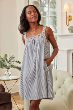 LAKE | Women | Cotton Pajamas | Sea Depth Seersucker Alice Nightgown Sleeveless Seersucker Dresses For Daywear, Lake Pajamas, Cotton Pajamas Women, Blue Filter, Cotton Pajamas, Bridal Fabric, Lounge Dress, Blue Gift, New Pant