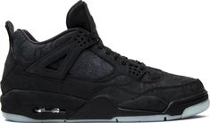 The black colorway of the KAWS x Air Jordan 4 Retro, released in November 2017, offers a striking continuation of the celebrated collaboration between Jordan Brand and renowned Brooklyn artist KAWS. Following the success of the grey version launched earlier that year, this edition features an all-black suede upper, exuding a luxurious, premium feel. The subtle tonal print across the upper showcases KAWS' signature style, depicting the cartoon hands of his iconic Companion figure, creating an und Jordan 4 Black, Tonal Prints, Authentic Jordans, Sneakers Vans, Fresh Sneakers, Nike Classic, Sneaker Release, Jordan 4 Retro, Air Jordan 4