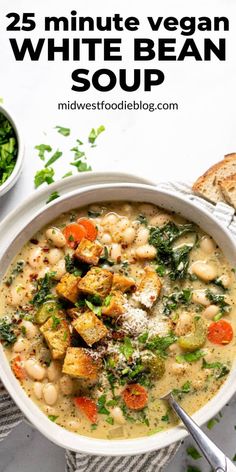 white bean soup in a bowl with bread and parsley on the side text reads 15 minute vegan white bean soup