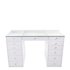 a white desk with drawers and mirrors on it