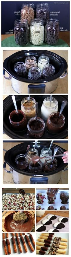 three pictures showing how to make chocolate pudding in the crock pot with spoons