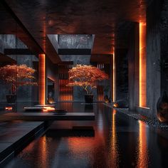 a room with some trees in it and lights on the wall above them, reflecting off water