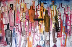 an abstract painting with wine bottles on it