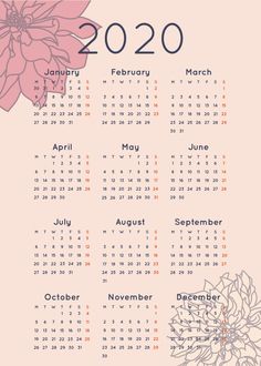 a calendar with flowers on it for the year 2020 to 2021, in pink and blue