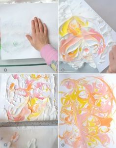 the process of making paper flowers is shown in four different pictures, including one being painted with