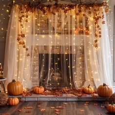 pumpkins are sitting on the floor in front of a window with sheer curtains and lights