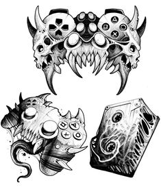 three different types of tattoos with skulls and monsters on them, all in black and white