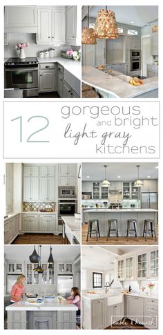 the cover of 12 gorgeous and bright light gray kitchen designs, with pictures of white cabinets