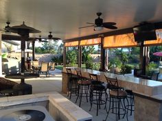 an outdoor bar with lots of chairs and tables