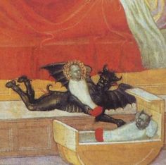 a painting of a man laying on top of a bed next to a black cat