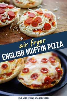 mini pizzas with cheese and pepperoni are on a plate next to the words air fryer english muffin pizza