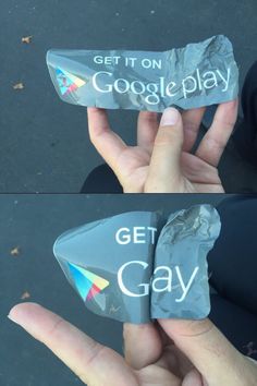 someone is holding up two rocks that say get it on google play and get gay