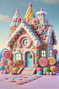 a candy house with lots of candies and lollipops on the roof