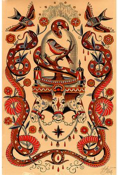 an art nouveau poster with birds and flowers in red, blue, black and white