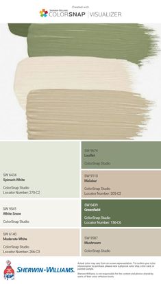 the color scheme for sherylin williams's paint swatches, including green and white