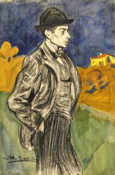 a drawing of a man with a hat and coat standing in front of a field