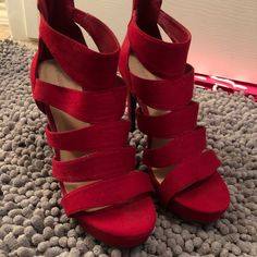 Never Worn. Red Synthetic Sandals For Night Out, Red Synthetic Heels With 4-inch Heel, Red Wedge Heels With 4-inch Heel, Red Wedge Heels For Party, Red Heels, Shoes Women Heels, Shoes Heels, Size 6, Women Shoes