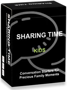 a black box with the words sharing time kids on it and a speech bubble above it