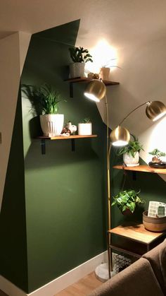 a living room with green walls and plants on the shelves, along with a lamp