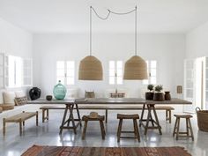 a dining room table with chairs and stools in front of two large lamps hanging from the ceiling