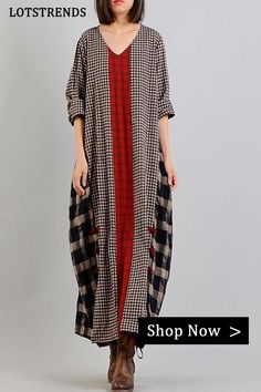 Different Colored Plaid Retro Cotton Linen Dress Plaid Cotton V-neck Dress, Cotton V-neck Shift Maxi Dress, Spring V-neck Patchwork Maxi Dress, Cotton Long Sleeve Shift Maxi Dress, Cotton Shift Maxi Dress With Long Sleeves, Spring V-neck Maxi Dress With Patchwork, Cotton Shift Dress With V-neck, Fall Season V-neck Patchwork Maxi Dress, Long Cotton Patchwork Dress