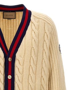 100% wool Luxury V-neck Fall Outerwear, Classic Gucci Wool Cardigan, Gucci Designer V-neck Cardigan, Casual Gucci Cardigan For Work, Casual Gucci Sweater For Work, Classic Gucci Sweater With Ribbed Cuffs, Luxury Cashmere Sweater Coat, Gucci Wool Sweater With Ribbed Cuffs, Designer Gucci Outerwear With Ribbed Cuffs