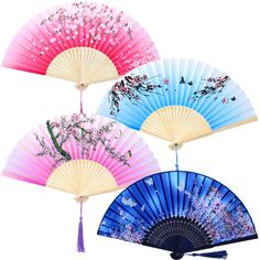 three colorful hand fans with flowers on them