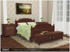 a bedroom scene with focus on the bed, dresser and footboard in the foreground