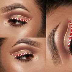 Cute Elf Makeup Looks Christmas, Simple Christmas Eyeliner, Ugly Sweater Makeup Ideas, Christmas Tree Eyeliner, Dress Like A Candy Cane Day At School, Candy Cane Makeup Ideas, Candy Cane Hairstyle, Candy Cane Eye Makeup, Manic Makeup