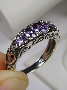 Amethyst Gemstone Ring, Sterling Silver Purple CZ or Natural 5-stone Gem Georgian Victorian Filigree Motif [Made To Order] Design#19 Georgian Ring, Victorian Filigree, Stock Design, Purple Rings, Cz Ring, Victorian Jewelry, Multi Stone Ring